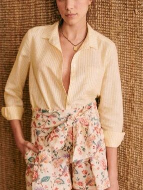 Sezane Yellow & White Tomboy Striped Button-Up Oxford Shirt Sz 44